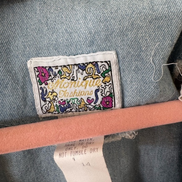 Vintage Denim Midi Dress Pearl Beaded Floral Appliqué Button Front Long Sleeve M - Picture 4 of 8